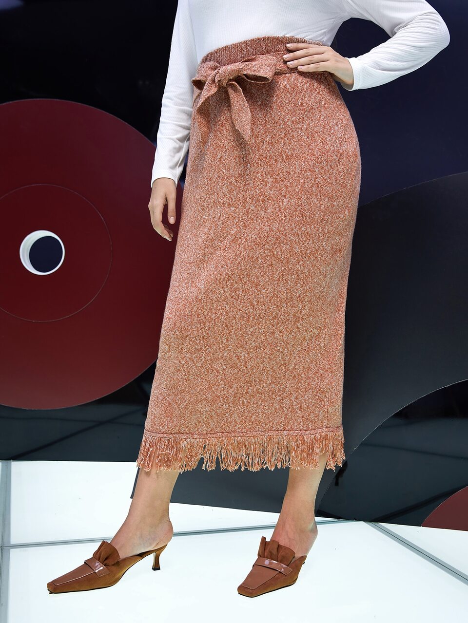 Plus Self Belted Fringe Hem Knit Skirt