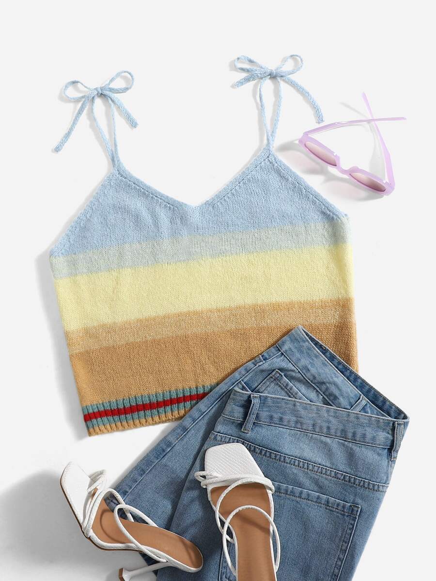 Plus Color Block Striped Trim Tie Shoulder Knit Cami Top - Multicolor - View 1