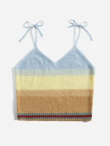 Plus Color Block Striped Trim Tie Shoulder Knit Cami Top - Multicolor - View 2
