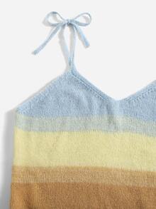 Plus Color Block Striped Trim Tie Shoulder Knit Cami Top - Multicolor - View 3