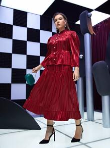 Mulvari Burgundy Red Plus Striped Puff Sleeve Single Breasted Blouse & Ruffle Hem Skirt - Burgundy - View 2