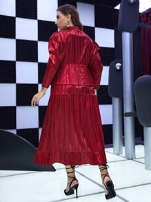 Mulvari Burgundy Red Plus Striped Puff Sleeve Single Breasted Blouse & Ruffle Hem Skirt - Burgundy - View 3