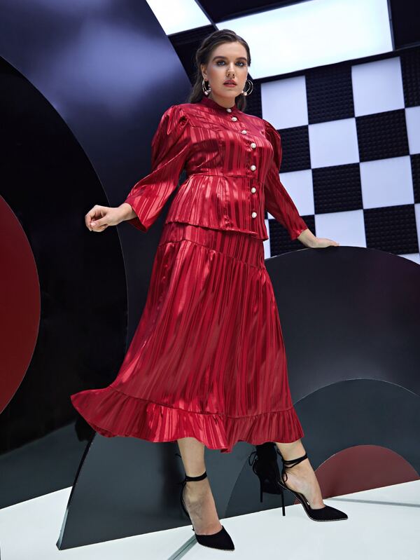 Mulvari Blusa de manga abullonada de solapa única a rayas en rojo burdeos y falda con volantes en el bajo