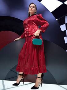 Mulvari Burgundy Red Plus Striped Puff Sleeve Single Breasted Blouse & Ruffle Hem Skirt - Burgundy - View 4