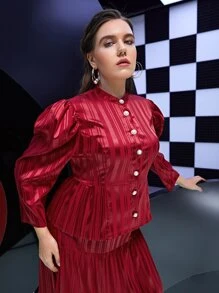 Mulvari Burgundy Red Plus Striped Puff Sleeve Single Breasted Blouse & Ruffle Hem Skirt - Burgundy - View 5