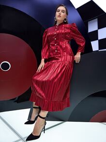 Mulvari Burgundy Red Plus Striped Puff Sleeve Single Breasted Blouse & Ruffle Hem Skirt - Burgundy - View 6