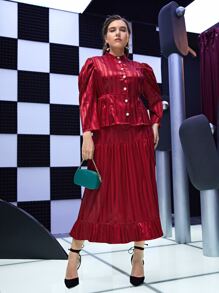 Mulvari Burgundy Red Plus Striped Puff Sleeve Single Breasted Blouse & Ruffle Hem Skirt - Burgundy - View 7