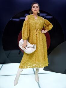 Modelyn Plus Cold Shoulder Jacquard Applique Lantern Sleeve Drawstring Waist Dress - Mustard Yellow - View 2