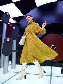 Modelyn Plus Cold Shoulder Jacquard Applique Lantern Sleeve Drawstring Waist Dress - Mustard Yellow - View 3