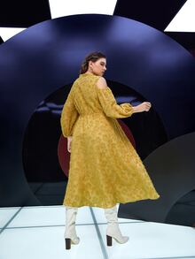 Modelyn Plus Cold Shoulder Jacquard Applique Lantern Sleeve Drawstring Waist Dress - Mustard Yellow - View 4