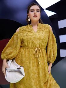 Modelyn Plus Cold Shoulder Jacquard Applique Lantern Sleeve Drawstring Waist Dress - Mustard Yellow - View 5