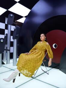 Modelyn Plus Cold Shoulder Jacquard Applique Lantern Sleeve Drawstring Waist Dress - Mustard Yellow - View 7