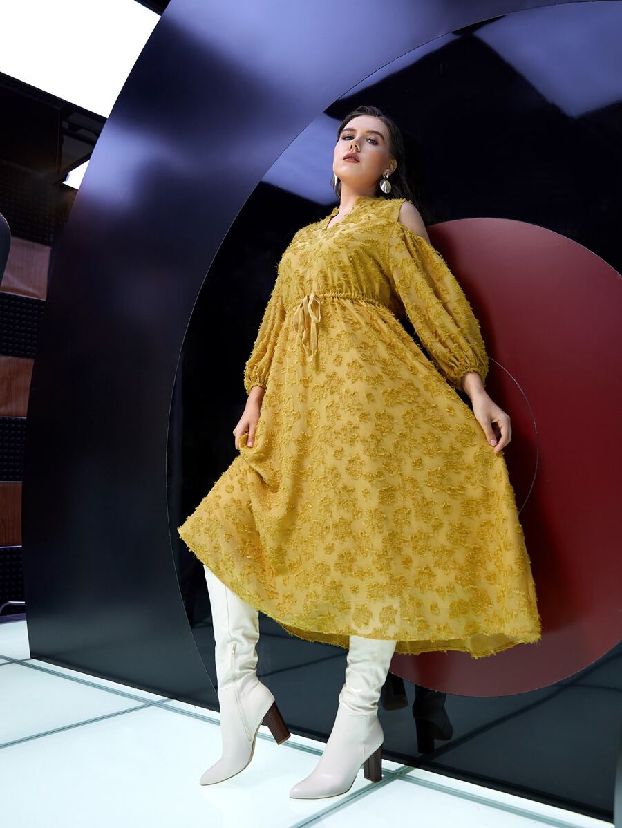 Modelyn Plus Cold Shoulder Jacquard Applique Lantern Sleeve Drawstring Waist Dress - Mustard Yellow - View 1