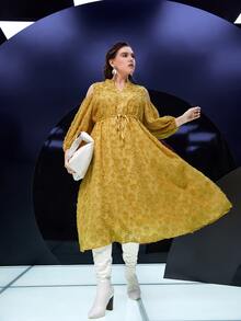 Modelyn Plus Cold Shoulder Jacquard Applique Lantern Sleeve Drawstring Waist Dress - Mustard Yellow - View 8