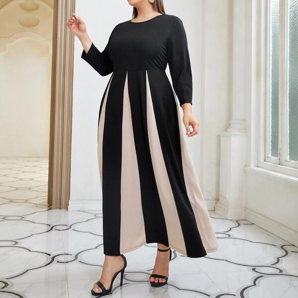 

Plus Round Neck Color Block Dress, Multicolor