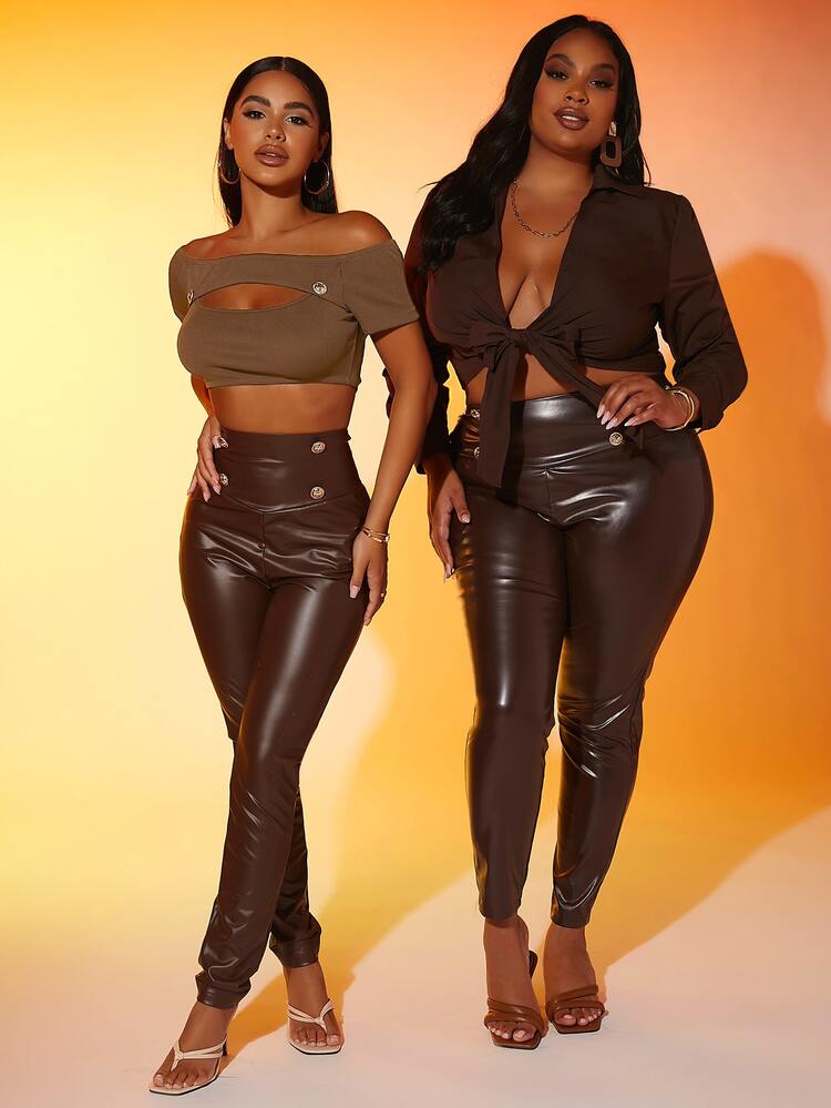 SHEIN SXY 1入組一字肩鏤空羅紋針織短款T恤 - 棕色 - 查看 3