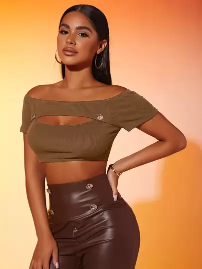 SHEIN SXY 1入組一字肩鏤空羅紋針織短款T恤