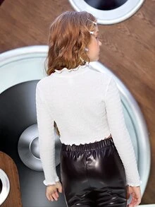 SHEIN 女孩字母貼布木耳邊T恤 - 白色 - 查看 6