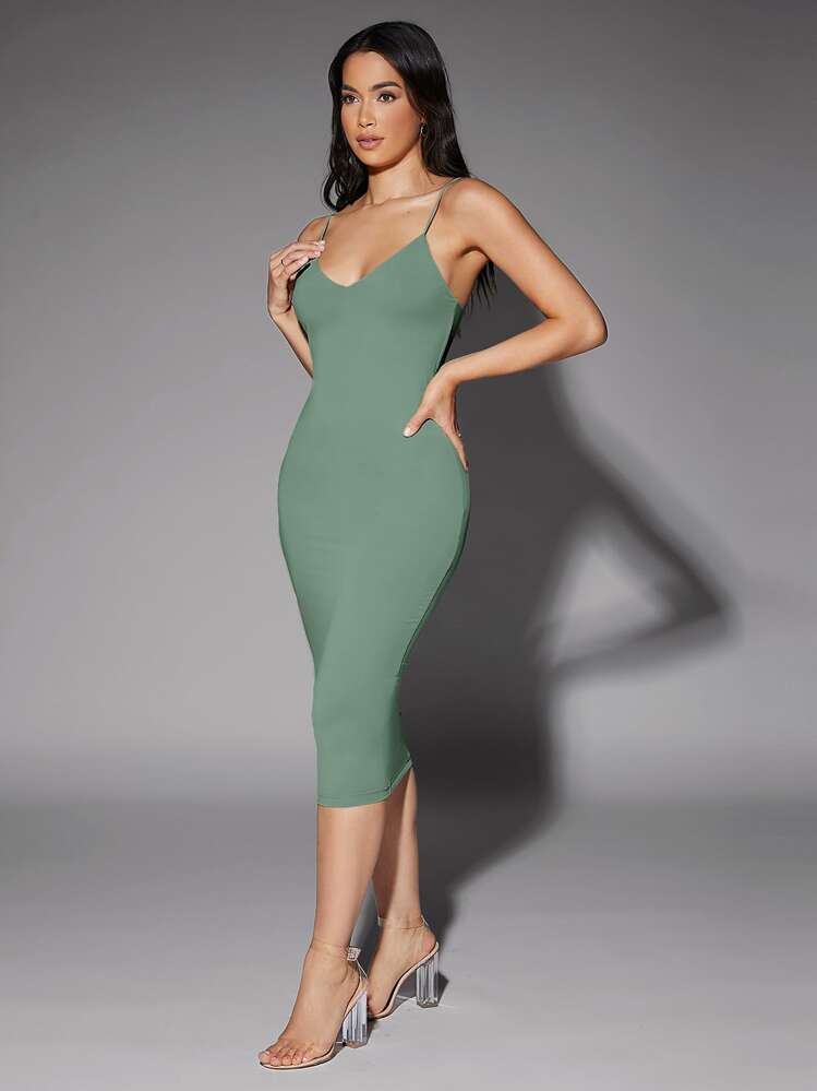 bodycon dress shein SHEIN Green Cut-Out Ruched Spaghetti Strap Slit Hem Maxi Sexy Bodycon  Brie
