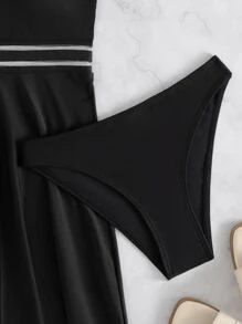 Contrast Mesh Swim Dress With Panty Summer - Black - View 3