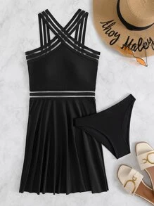 Contrast Mesh Swim Dress With Panty Summer - Black - View 4