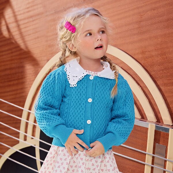 

Toddler Girls Eyelet Embroidered Peter-pan Collar Cable Knit Cardigan, Blue