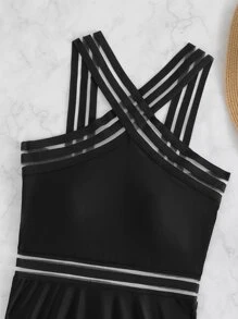 Contrast Mesh Swim Dress With Panty Summer - Black - View 5