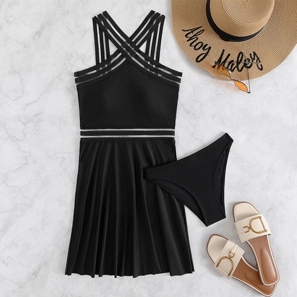 

Contrast Mesh Swim Dress With Panty, Black