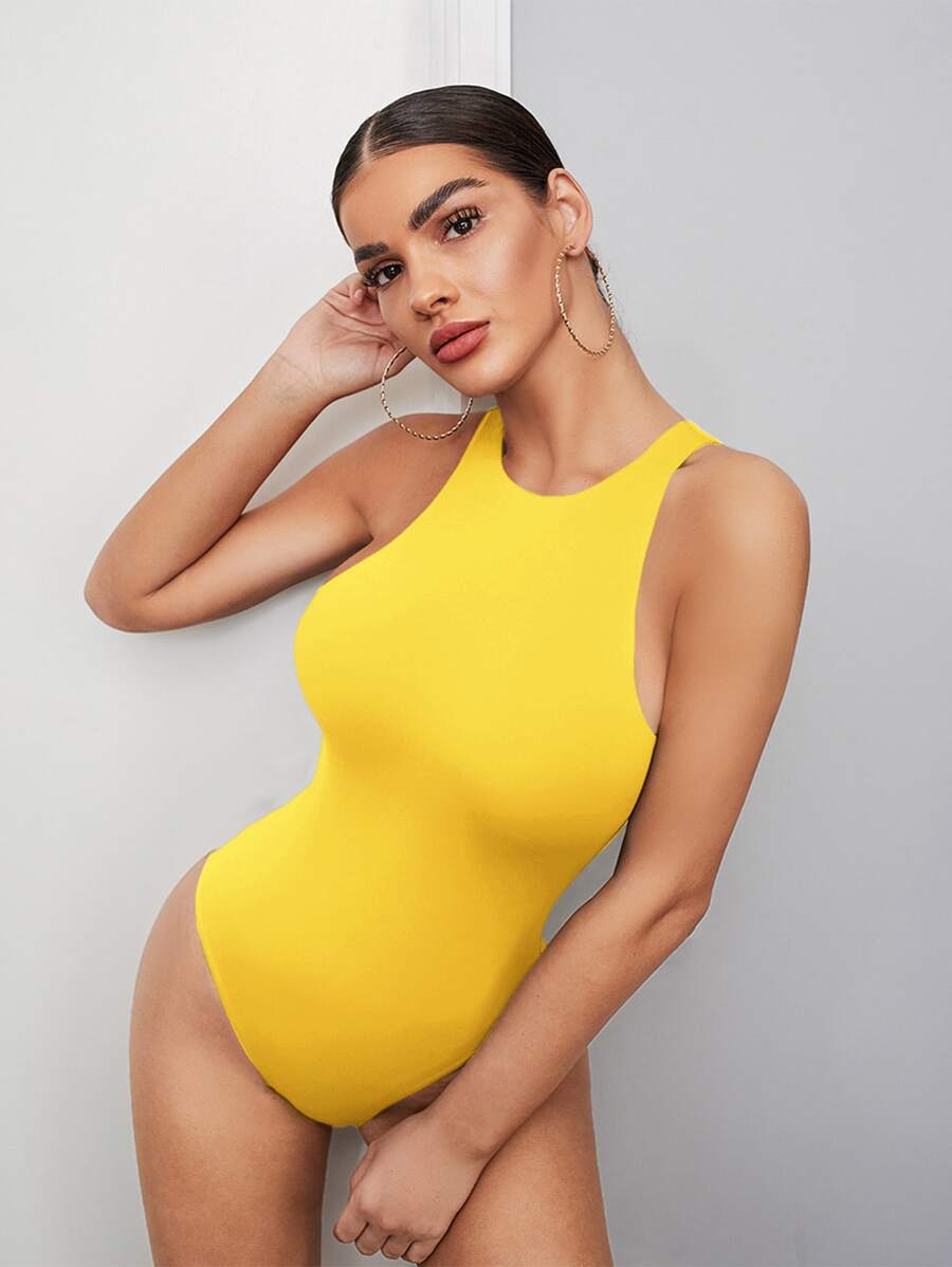 SHEIN BAE Solid Tank Bodysuit - Yellow - View 1