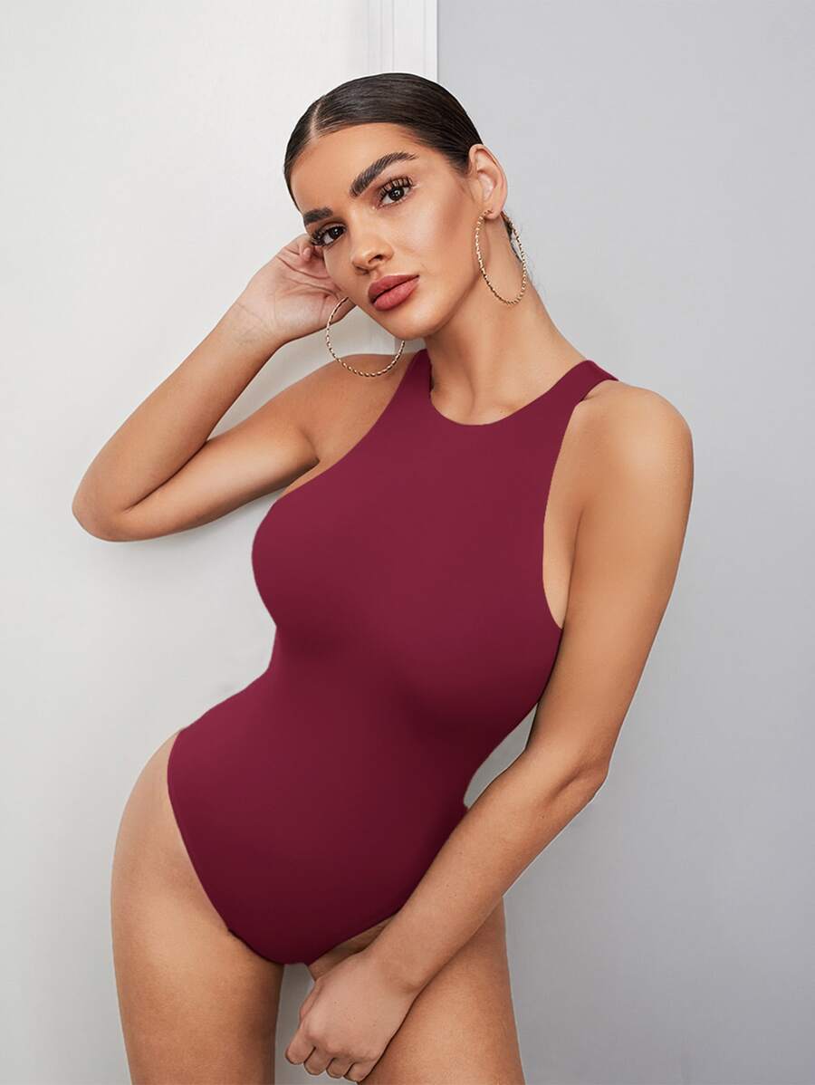 SHEIN BAE Solid Tank Bodysuit - Burgundy - View 1