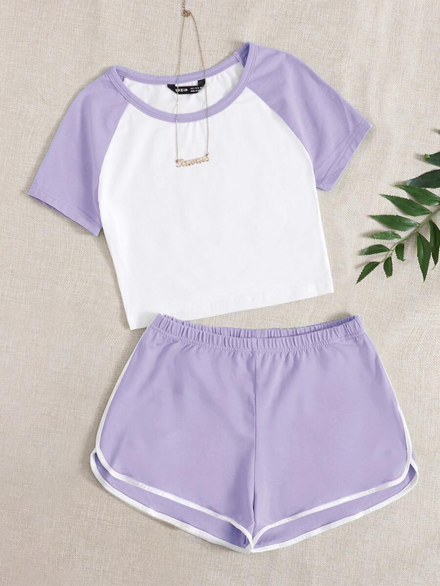 SHEIN EZwear Raglan Sleeve Crop Top & Dolphin Shorts Set - Multicolor - View 1