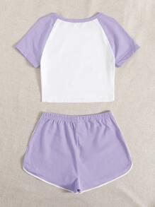 SHEIN EZwear Raglan Sleeve Crop Top & Dolphin Shorts Set - Multicolor - View 2