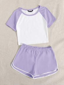 SHEIN EZwear Raglan Sleeve Crop Top & Dolphin Shorts Set - Multicolor - View 3