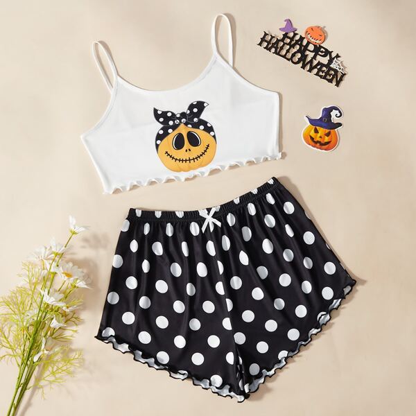 

Halloween Pumpkin & Polka Dot Print Lettuce Trim Cami PJ Set, Black and white