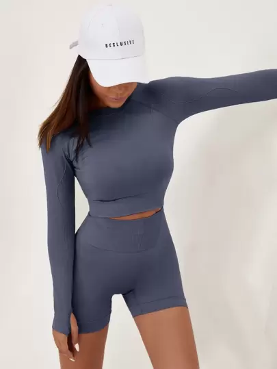 Easithlete Quick-Drying Seamless & Stretch Thumb Holes Sports Set Workout Women Set