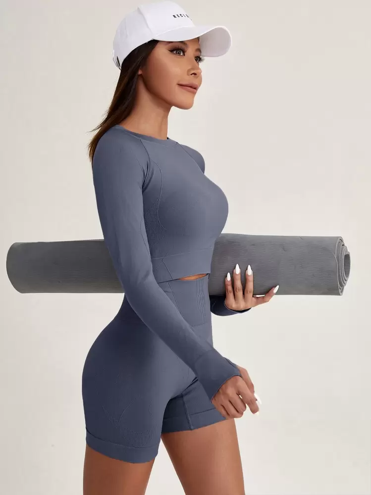 Easithlete Conjunto deportivo para mujer con agujeros para los pulgares, de secado rápido, sin costuras y elástico - Gris Oscuro - Añade 5