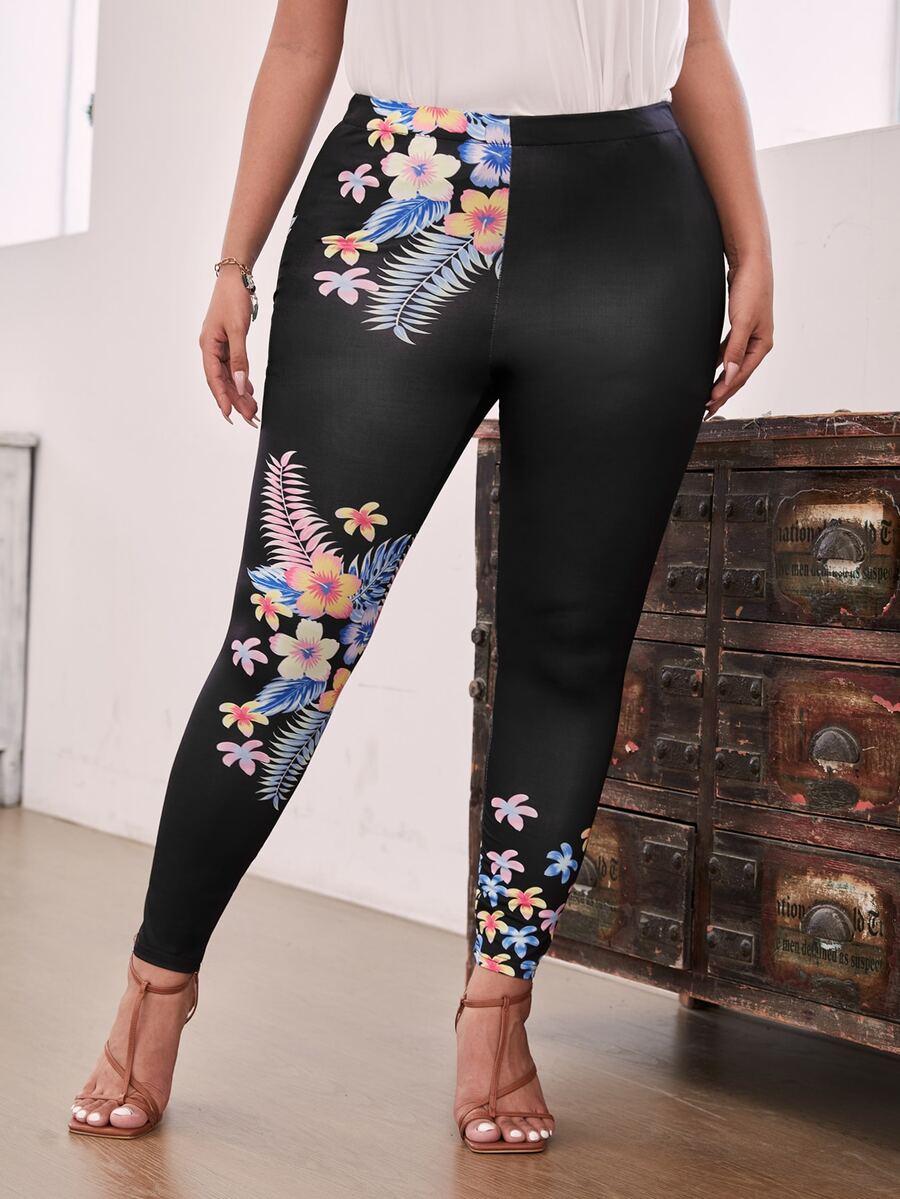 Leggings con estampado tropical - Negro - Ver 1