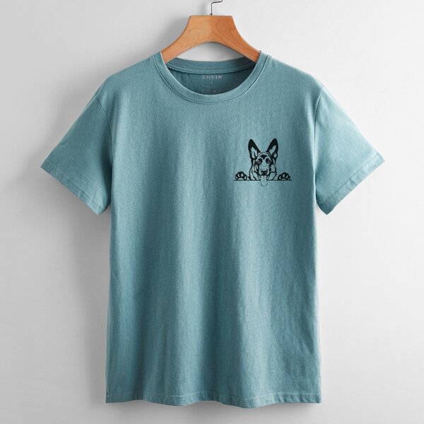

Dog Print Round Neck Tee, Cadet blue