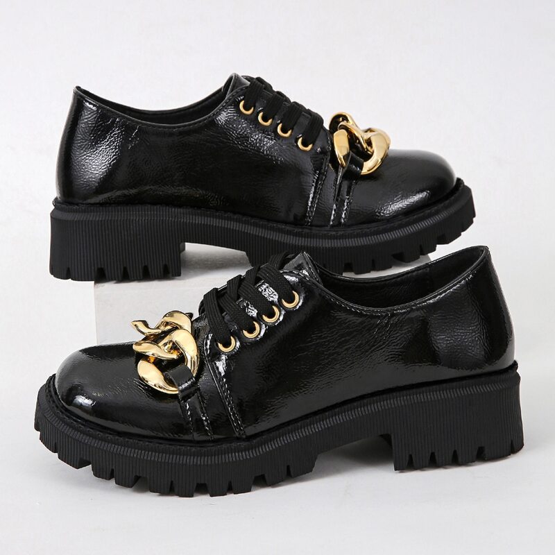 

Chain Decor Lace-up Front Oxford Shoes, Black