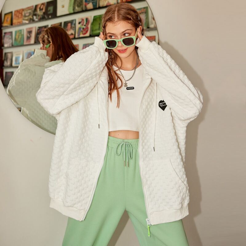 

Heart & Letter Graphic Drop Shoulder Zip Up Drawstring Hoodie, White