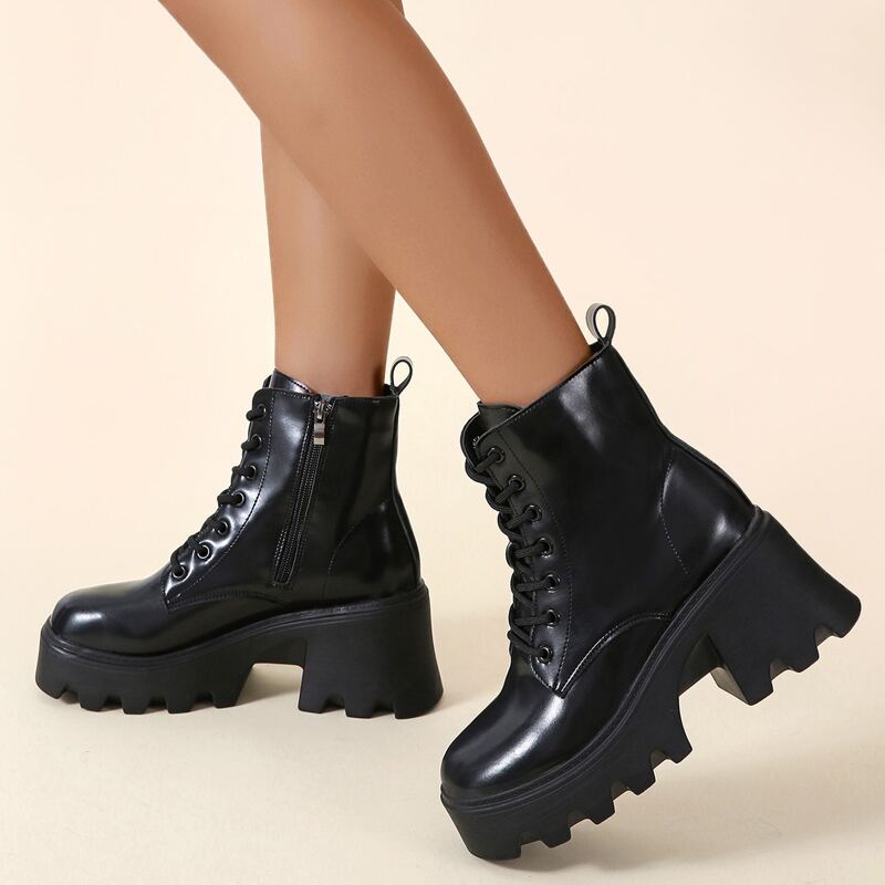 

Lace-up Front Wedge Boots, Black