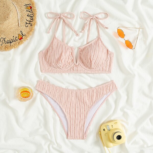 

Plain Textured V Wired Push Up Bikini Swimsuit, Coral pink