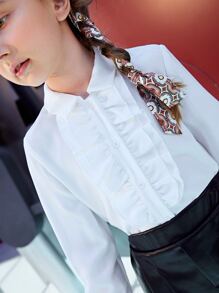 SHEIN Girls Ruffle Trim Button Up Blouse - White - View 3