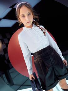 SHEIN Girls Ruffle Trim Button Up Blouse - White - View 4