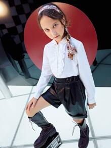 SHEIN Girls Ruffle Trim Button Up Blouse - White - View 5