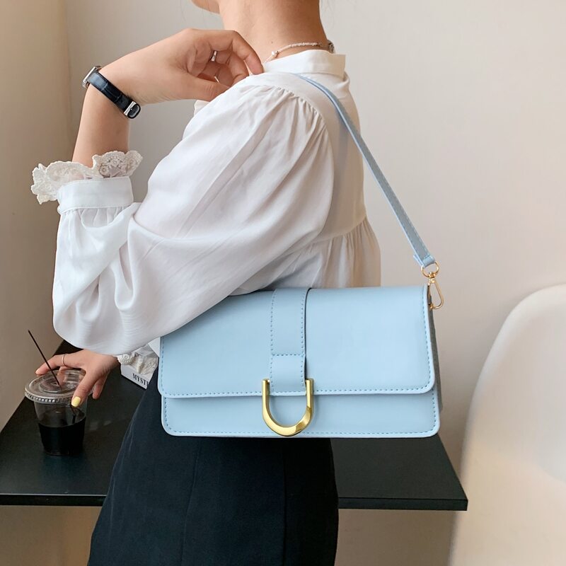 

Metal Decor Flap Shoulder Bag, Blue