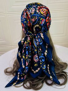 1pc Ladies' Paisley Printed Imitated Silk Bandana, Scarf Suitable For Parties And Daily Wear - Navy Blue - View 1