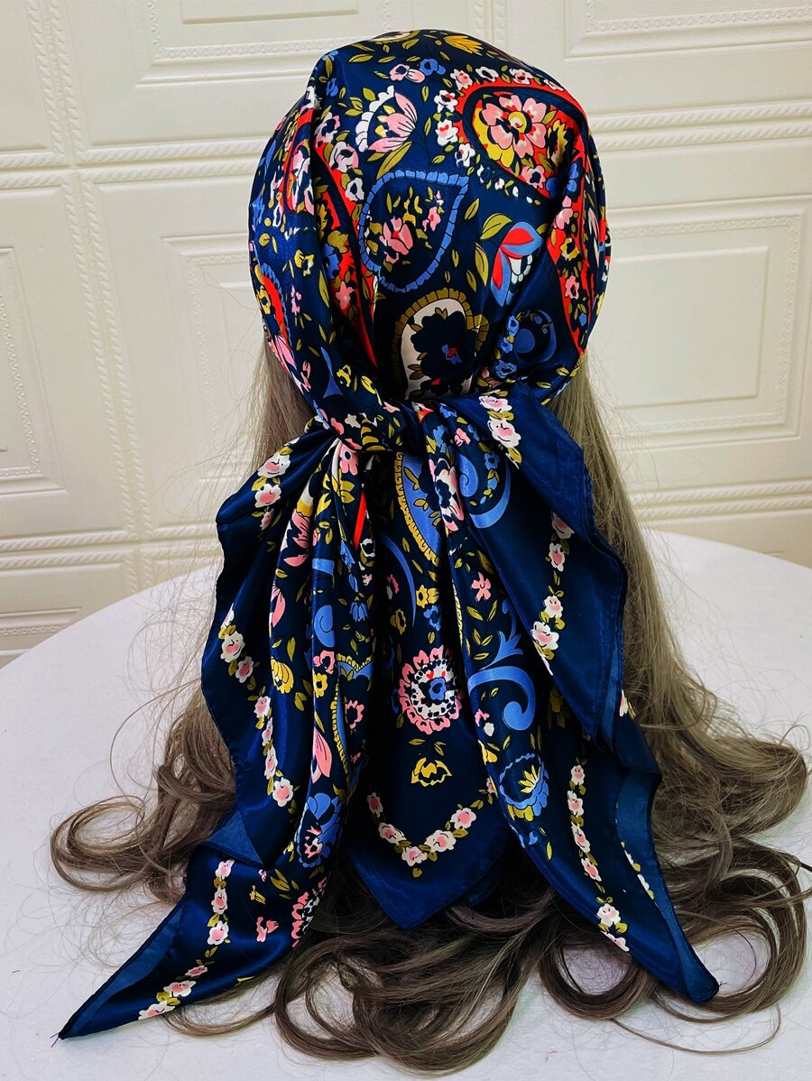 1pc Ladies' Paisley Printed Imitated Silk Bandana, Scarf Suitable For Parties And Daily Wear - Navy Blue - View 1