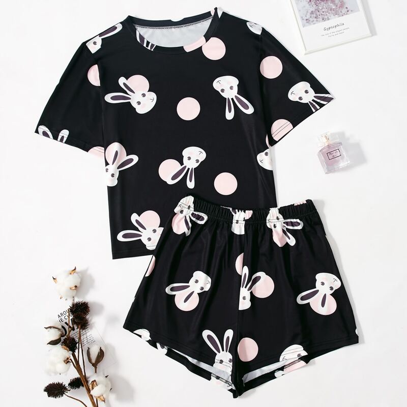 

Rabbit & Polka Dot Print PJ Set, Black