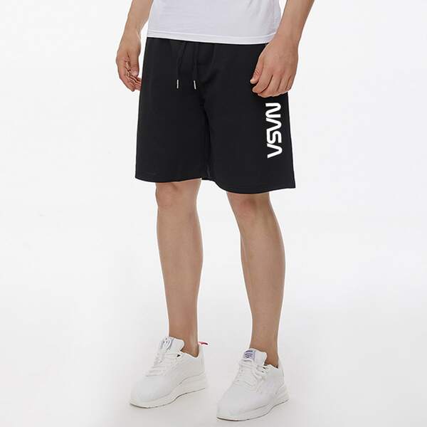 

Men Letter Graphic Drawstring Waist Shorts, Black